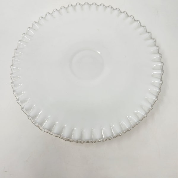 Vintage Fenton Milk Glass Silver Crest Low Pedestal Cake Stand with Ruffled Edge