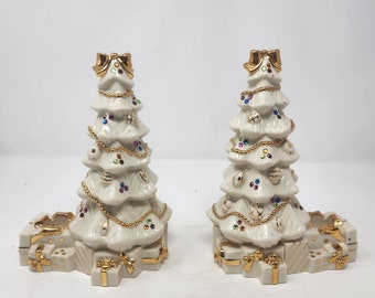 Set of Two Lenox The Jeweled Christmas Tree Candlesticks Fine Ivory China Holders 2004