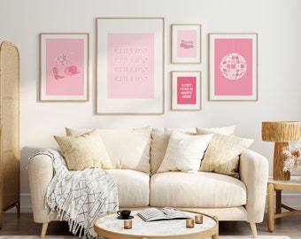 Retro Pink Bar Wall Art Set de 5 impresiones / Decoración de carrito de bar / Arte de pared imprimible / Impresión de pared de dormitorio de moda / Descarga digital