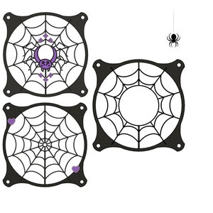 May include: Three black computer fan grilles with a spider web design. One grille features a purple spider with hearts. The text "Kitsune Kingdom ©" is at the bottom of the image.