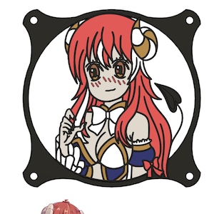 May include: A black and white illustration of an anime character with red hair, horns, and a white bow. The character is wearing a blue and gold outfit. The image is surrounded by a black frame.