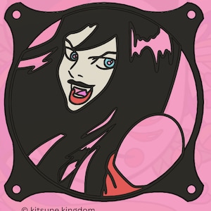 Puede incluir: Ventilador de ordenador negro y rosa con una ilustración estilizada de una mujer vampiro con colmillos y un murciélago detrás de ella. El texto "kitsune kingdom" está en la parte inferior del ventilador.