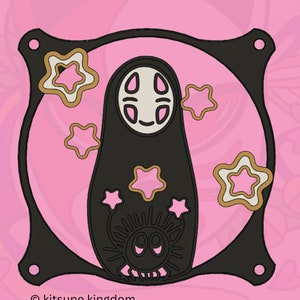 May include: Black and white silhouette of a No Face character from the movie Spirited Away, surrounded by gold stars on a black background. The text "&copy; kitsune kingdom" is at the bottom of the image.