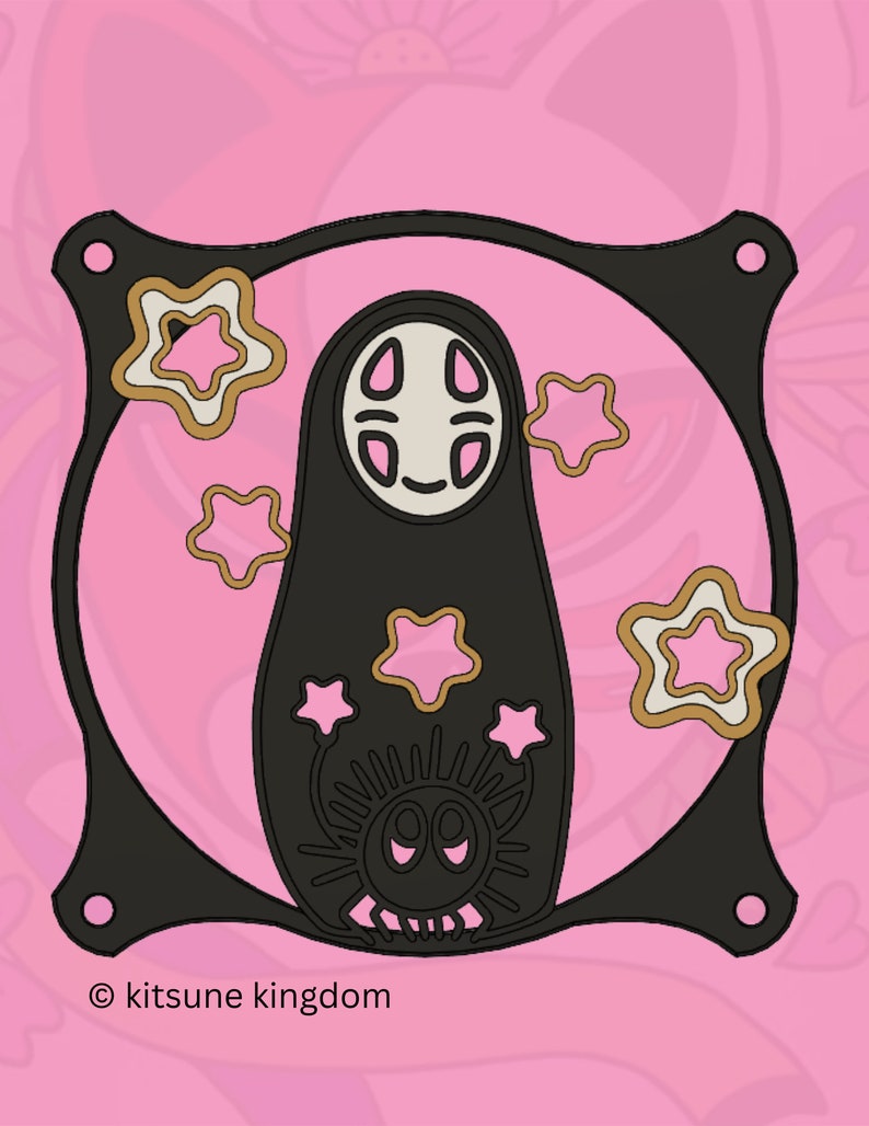 May include: Black and white silhouette of a No Face character from the movie Spirited Away, surrounded by gold stars on a black background. The text "&copy; kitsune kingdom" is at the bottom of the image.