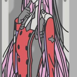 May include: Anime-style illustration of a character with pink hair, green eyes, and red horns. The character wears a red and gray outfit with black accents. The image is framed in a white rectangle with four small holes.