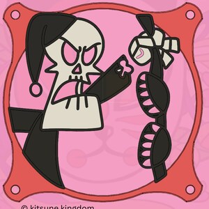 May include: A cartoon illustration of a skull-like character in black and white, with pink eyes and mouth, pointing towards a stylized object. The image is framed in red on a pink background, with the text "© kitsune kingdom".