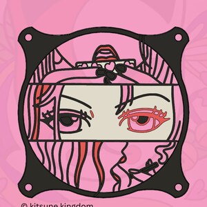 May include: Black and white illustration of a stylized anime girl with pink hair and red eyes. The image is framed in a black circle with a decorative pattern. The text "© kitsune kingdom" is at the bottom of the image.
