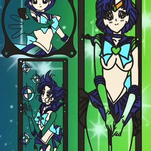 May include: Three different images of a cartoon character in a blue and green sailor outfit with a green bow and a gold star on her forehead. The character is surrounded by a black frame.