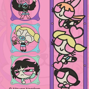 May include: A set of four cartoon character illustrations featuring the Powerpuff Girls and the villain Mojo Jojo. The characters are framed in colorful squares and rectangles with a pink background. The text "kitsune kingdom" is at the bottom of the image.