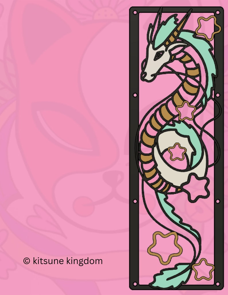 May include: A teal and gold dragon with pink flowers and stars, curled up in a decorative frame. The background is a pink gradient with a floral pattern. The text "&copy; kitsune kingdom" is at the bottom of the image.