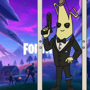 Puede incluir: Imagen de un personaje de plátano de dibujos animados con esmoquin negro, pajarita y gafas de sol, sosteniendo una pistola negra. El fondo presenta un paisaje púrpura y azul con la palabra "Fortnite".