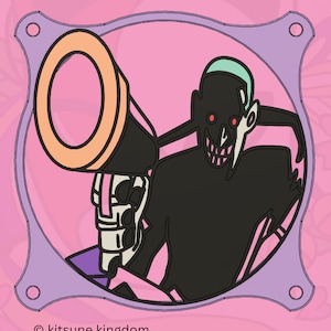 May include: A black and white illustration of a character holding a megaphone. The character has red eyes and a large, toothy grin. The background is pink with a purple frame. The text "© kitsune kingdom" is at the bottom of the image.