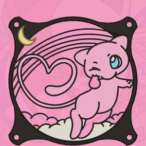 Pode incluir: Uma capa de ventilador rosa e preta com um gato rosa de desenho animado em um fundo de arco-íris e lua crescente. O texto "© kitsune kingdom" está na parte inferior da imagem.
