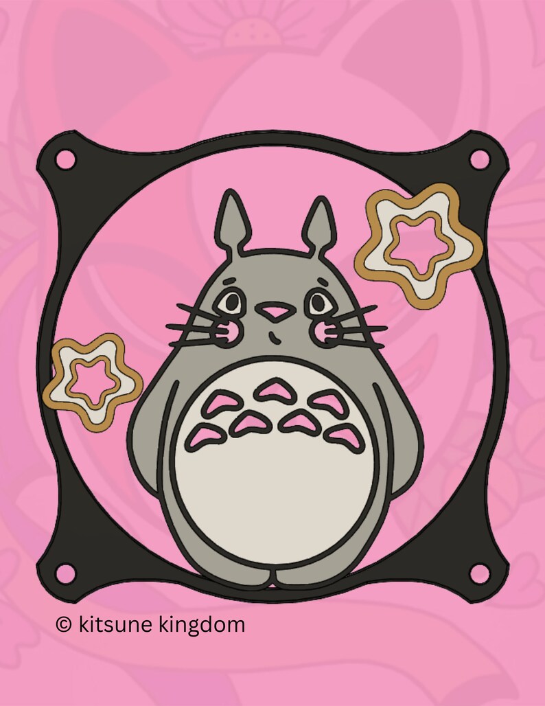 May include: A gray cartoon character with large ears and a fluffy body, surrounded by pink stars on a pink background. The character is inside a black frame with a white outline. The text "&copy; kitsune kingdom" is at the bottom of the image.