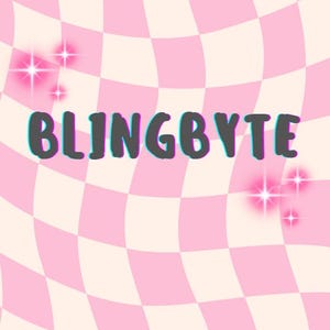 May include: A pink and white checkered background with the text "BLINGBYTE" in black with a blue and pink outline. The text is centred on the image. There are small white stars scattered around the text.