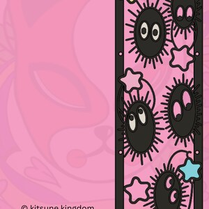 May include: Black and white illustration of a repeating pattern of black, spiky, round creatures with eyes and white stars. The background is pink.