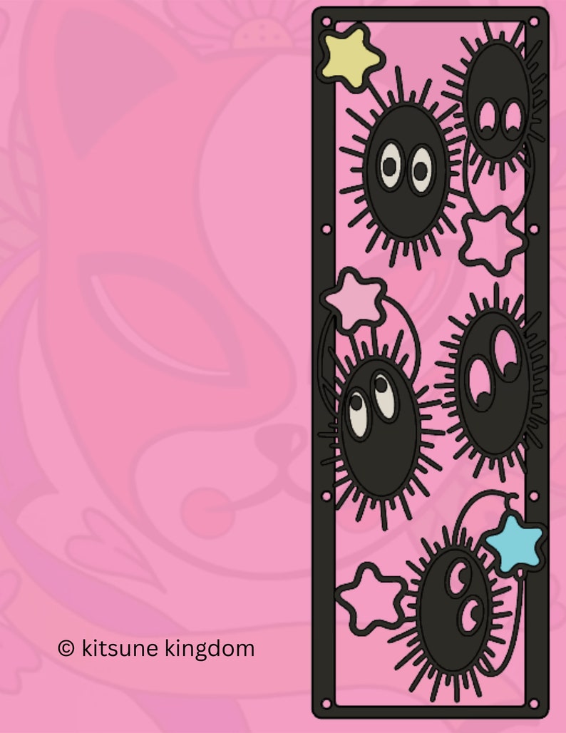 May include: Black and white illustration of a repeating pattern of black, spiky, round creatures with eyes and white stars. The background is pink.