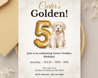 Golden Birthday Invitation | Puppy Theme, Gold Glitter (Digital Download)