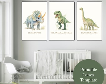 Pôsteres de Dinossauros | Conjunto de 3 Impressões de Dinossauros | Arte de Parede com Dinossauros | T-Rex, Triceratops, Brontossauro | Impressões para Quarto de Menino