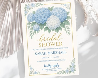 Blue Hydrangea Bridal Shower Invitation • Editable Template