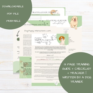 Peut inclure: Un guide imprimable vert et blanc pour les propriétaires de chiens sur la socialisation et la neutralisation des chiots. Le guide comprend une liste de contrôle, un suivi et des informations sur l'importance de la socialisation précoce des chiots. Le guide présente une illustration de chien de dessin animé.