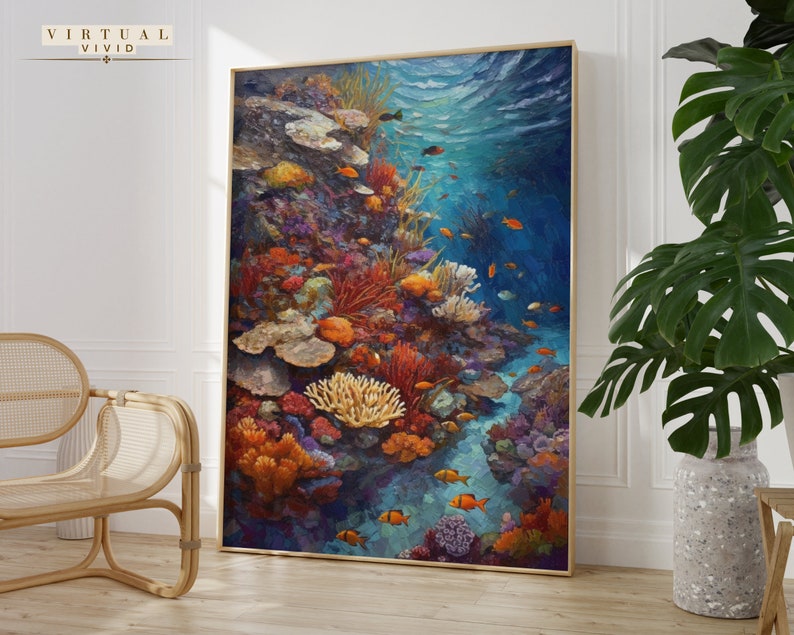 Digital Oil Painting of a Coral Reef, Printable Ocean Themed Wall Art ...