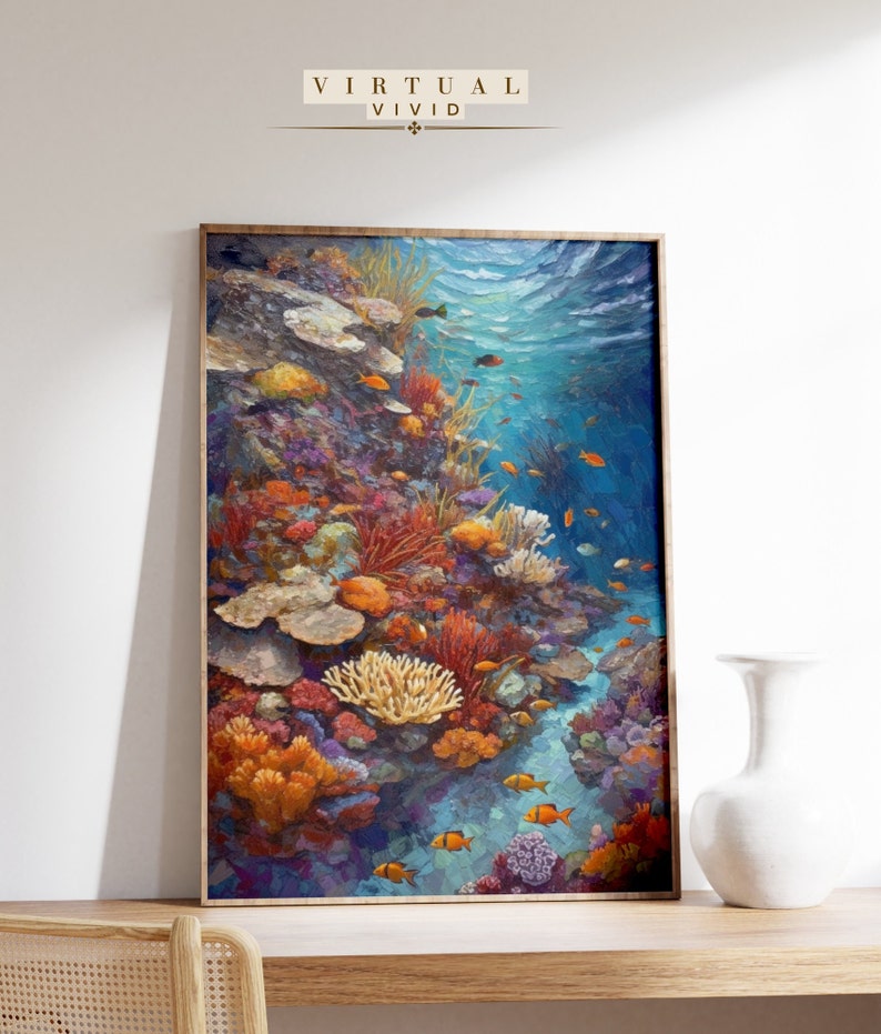 Digital Oil Painting of a Coral Reef, Printable Ocean Themed Wall Art ...