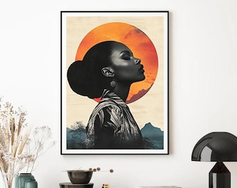 African Woman Silhouette Art Print: Minimalist Orange Sun Collage