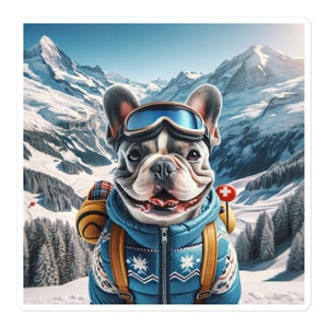 Premium HD French Bulldog Sticker - Faraway Frenchie Swiss Alps - Perfect for Laptops, Water Bottles, and Gifts