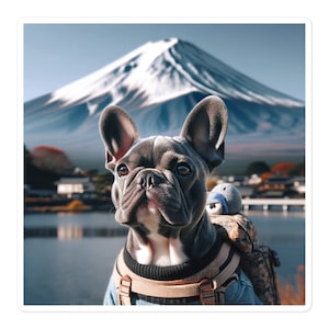 Premium HD French Bulldog Sticker - Faraway Frenchie Mount Fuji Japan- Perfect for Laptops, Water Bottles, and Gifts