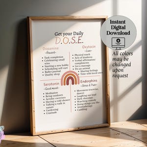 May include: A printable poster with a rainbow design and the text "Get your Daily D.O.S.E."  The poster lists different hormones and their associated benefits, such as dopamine, serotonin, oxytocin, and endorphins. The text "All colors may be changed upon request" is also included.