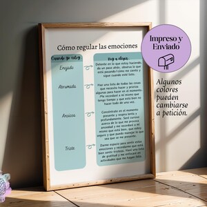Könnte beinhalten: Ein gerahmtes Lehrplakat mit dem Titel Cómo regular las emociones, das eine hellblaue Tabelle mit spanischem Text enthält, die Strategien zur Emotionsregulation bei Wut, Überforderung, Angst und Traurigkeit auflistet, sowie eine violette Grafik.