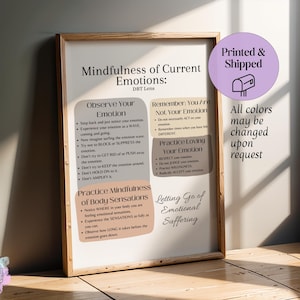 May include: A printable poster with a beige background and brown text. The poster is titled "Mindfulness of Current Emotions: DBT Lens" and includes four sections: "Observe Your Emotion", "Remember: You're Not Your Emotion", "Practice Loving Your Emotion", and "Letting Go of Emotional Suffering". Each section includes a list of steps or tips for managing emotions.