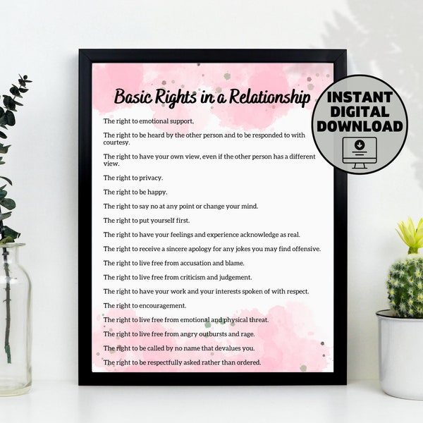 Basic Rights in a Relationship Poster| Therapy Office Decor, Psychology Wall Print, Mental Health, Occupational Therapy | Digital Print
