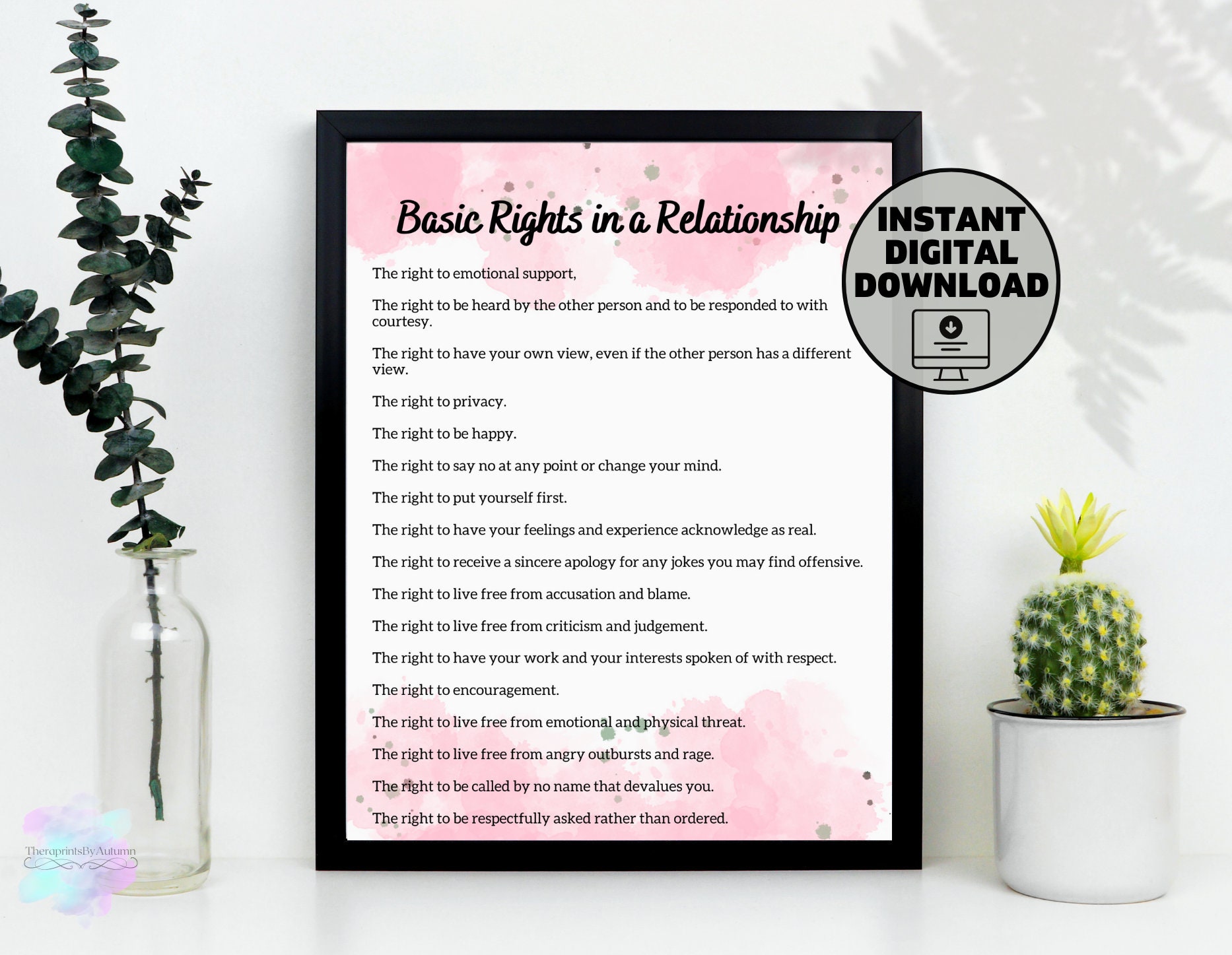 Basic Rights in a Relationship Poster Therapy Office Decor, Psychology