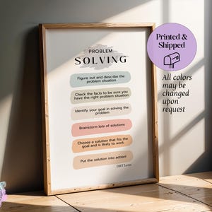 May include: A printable poster with a light brown wooden frame. The poster has a light blue background with the text "PROBLEM SOLVING" in a white cloud. The poster lists steps for problem solving in a colorful, rectangular format. The text on the poster is in black. The poster is printed and shipped. All colors may be changed upon request.