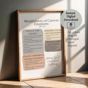 May include: A framed print with the title "Mindfulness of Current Emotions" and DBT Lens. The print includes text about observing, remembering, and practicing loving emotions, and practicing mindfulness of body sensations. A digital download is available.