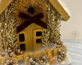 Decorative BirdHouse - “Gold Christmas Cottage”