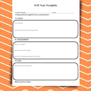 Puede incluir: Una plantilla imprimible en blanco y negro para tomar notas. La plantilla se titula "DAP Note Template" e incluye secciones para "D-Data", "A-Assessment" y "P-Plan".