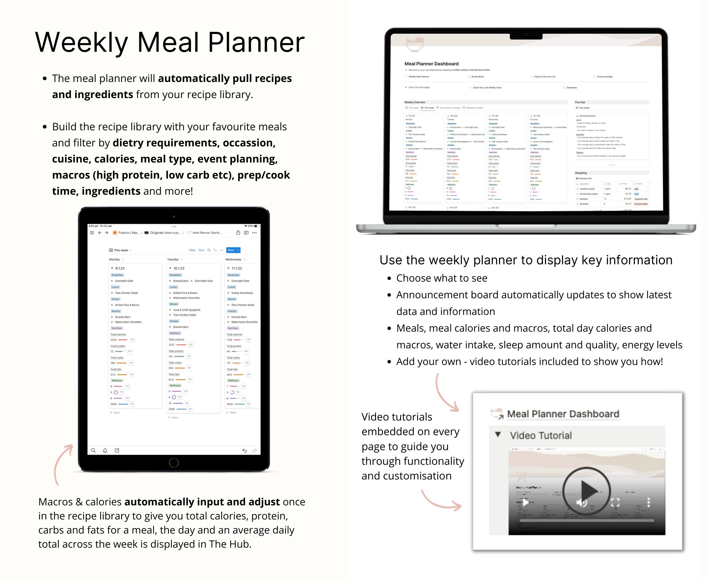 Notion Meal Planner Template, Notion Template, Weekly Meal Planner