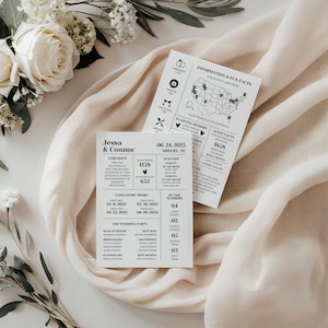 Plantilla de programa de boda con datos curiosos, programa infográfico de boda, itinerario de boda, plantilla de Canva