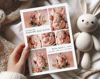 May include: A baby announcement card with a collage of newborn baby photos in pink. The card reads "introducing HARLOW MAE DAVIS" and includes birth details: April 7, 2025, 3:42 am, 3.3 kg, and 45.7 cm. A white stuffed bunny is in the background.