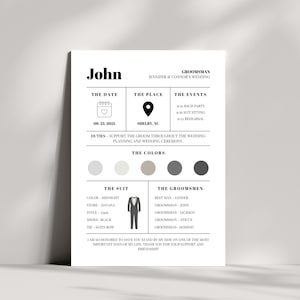 Modèle de carte d'informations garçons d'honneur, meilleur homme infographie, carte d'informations de fête de mariage, modèle de toile, téléchargement immédiat