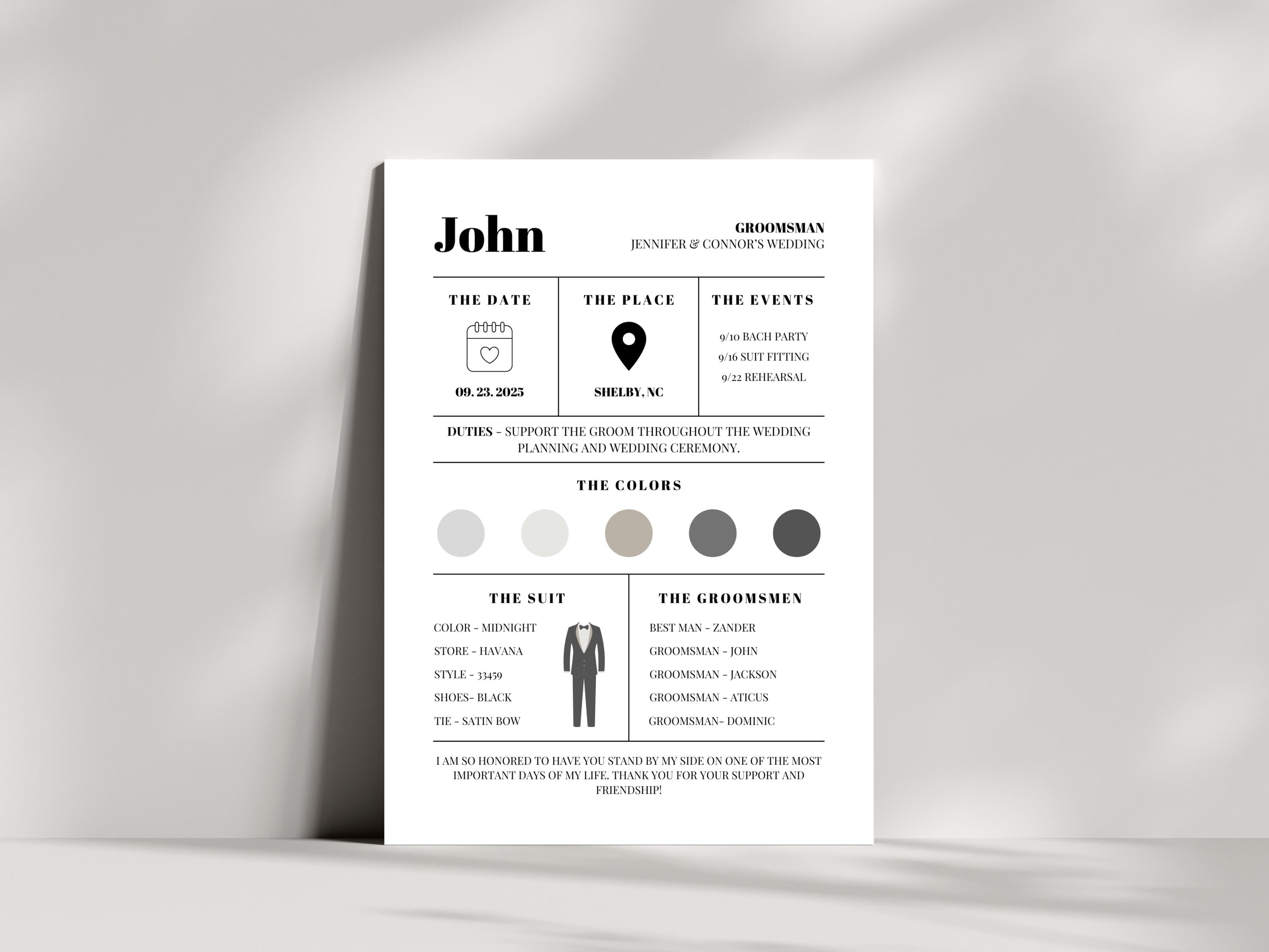 Groomsmen Info Card Template, Best Man Infographic, Wedding Party Info Card, Canva Template, Instant Download