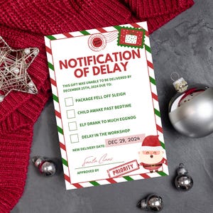 Modelo de etiqueta de notificação de atraso, etiqueta de presente de Natal atrasado, etiqueta de pacote de Papai Noel, modelo Canva, download instantâneo