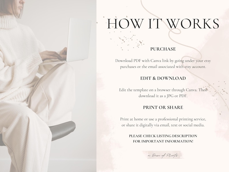 May include: Image showing the text "HOW IT WORKS" with instructions on how to purchase, edit, download, print, or share a digital template. The text is in black on a light pink background.