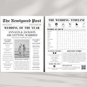 May include: A black and white wedding newspaper-themed announcement. The headline reads "The Newlywed Post" with the date and "Wedding of the Year." It includes the names Annalis & Jackson, wedding details, a word search, and a QR code.