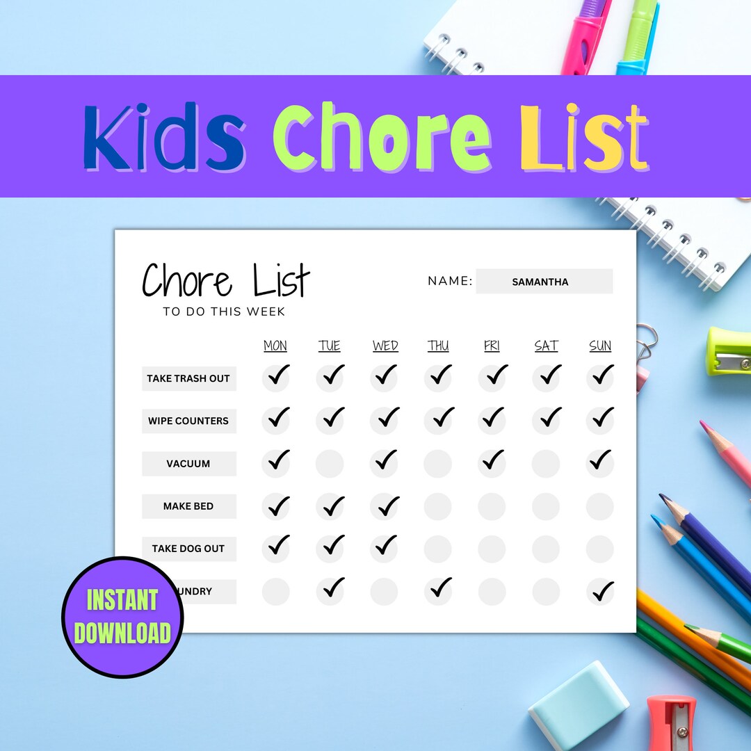 Kids Chore List, Printable Kids Checklist, Instant Download, Digital Chore List, Daily Planner ...