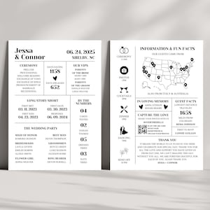 Sjabloon infographic bruiloftsprogramma, afdrukbaar trouwprogramma met leuke weetjes, canvassjabloon, instant download