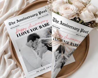 Anniversary Newspaper Flower Wrap Template, Custom Photo Gift (Canva Template)